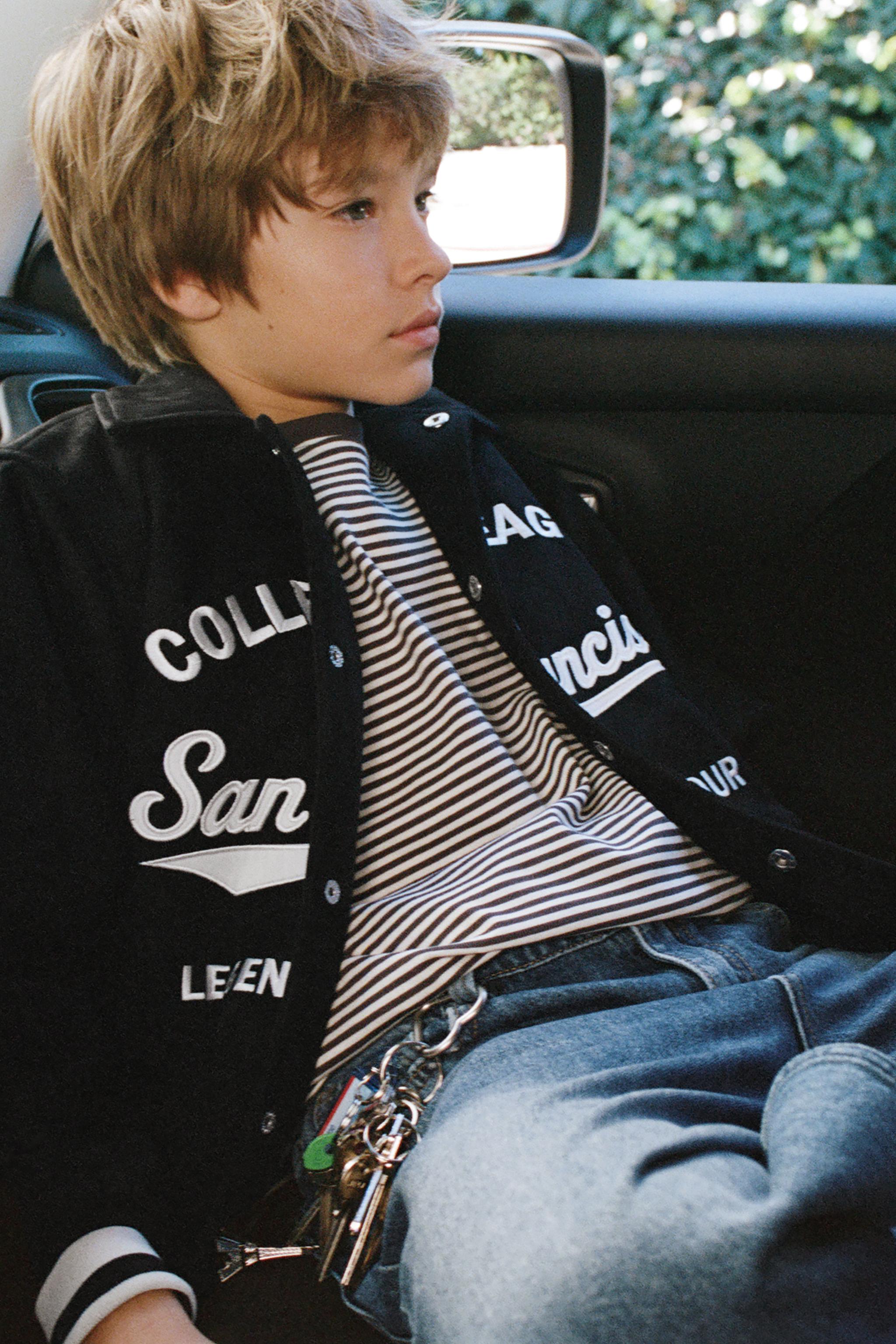 EMBROIDERED TEXT FAUX SUEDE BOMBER JACKET